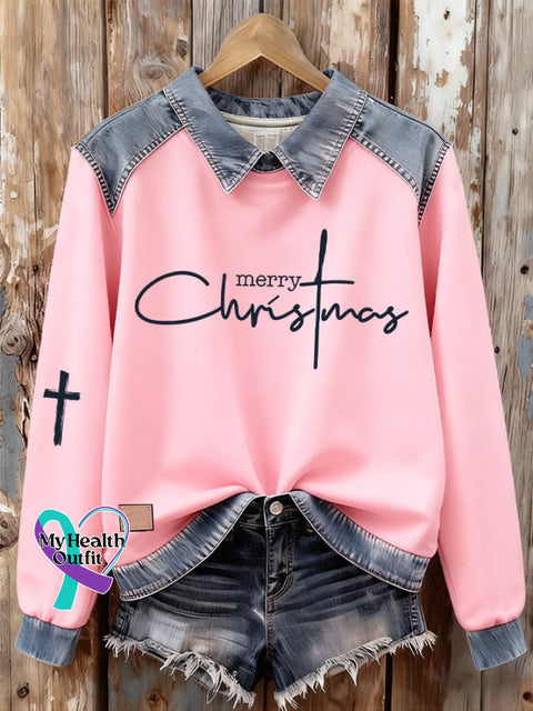 Women’s Merry- Christmas Print Denim Sweatshirt Picture 3 / S