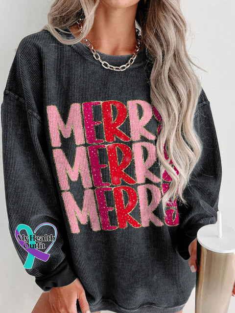 Women’s Merry Glitter Christmas Casual Print Corduroy Sweatshirt Black / S