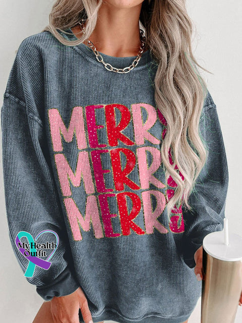 Women’s Merry Glitter Christmas Casual Print Corduroy Sweatshirt Blue / S
