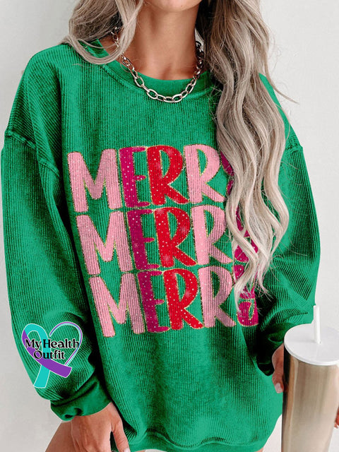 Women’s Merry Glitter Christmas Casual Print Corduroy Sweatshirt Green / S
