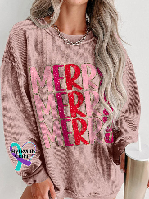 Women’s Merry Glitter Christmas Casual Print Corduroy Sweatshirt Pink / S