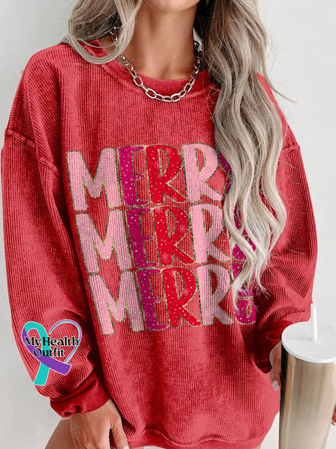 Women’s Merry Glitter Christmas Casual Print Corduroy Sweatshirt Red / S