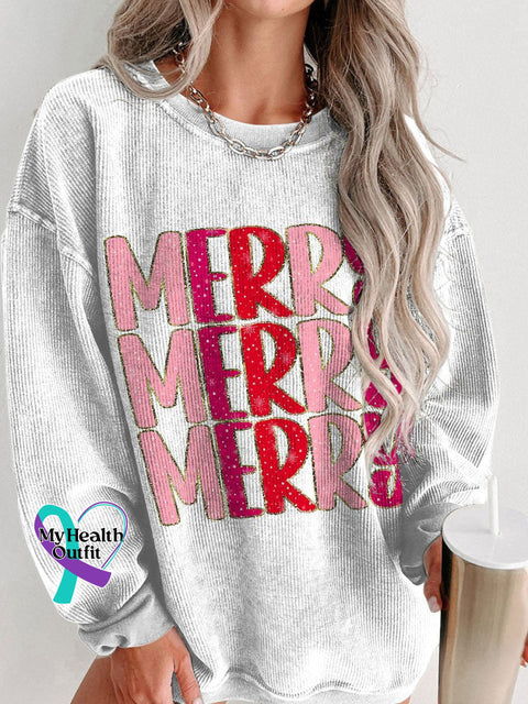 Women’s Merry Glitter Christmas Casual Print Corduroy Sweatshirt White / S