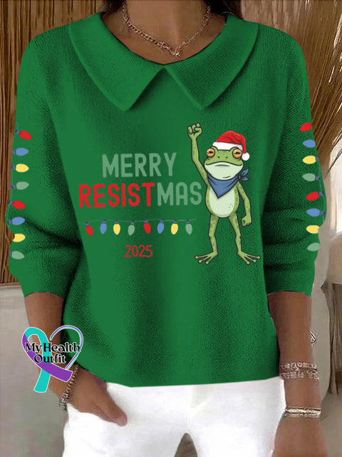 Women’s Merry Resistmas Portland Frog Printed Sweater Top Green / S