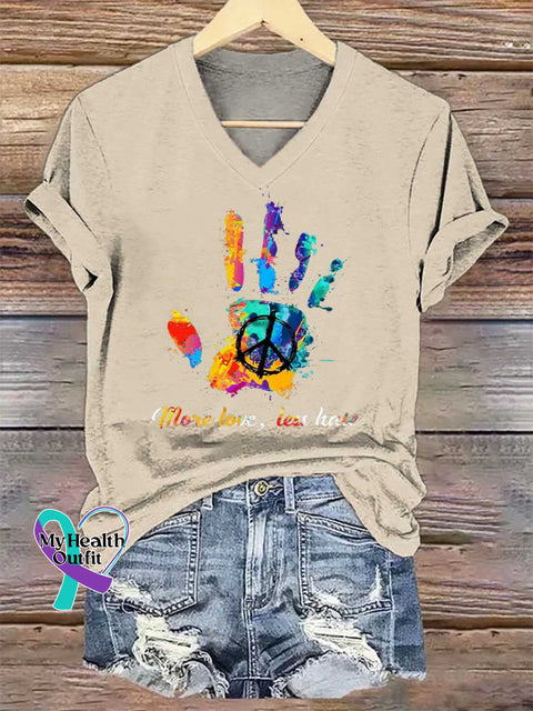 Women’s More Love Less Hate V-neck Casual T-Shirt Sand / S
