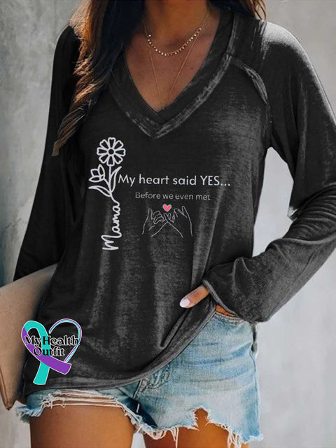 Women’s Mother’s Day My Heart Said YES... Before We Even Met V Neck Long Sleeve Tops Black / S