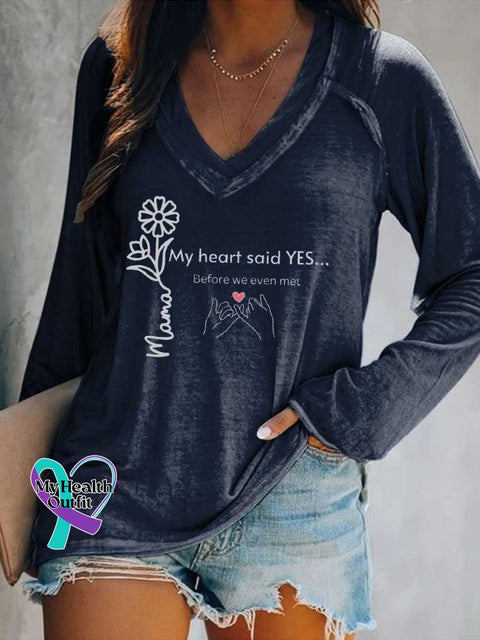 Women’s Mother’s Day My Heart Said YES... Before We Even Met V Neck Long Sleeve Tops Blue / S