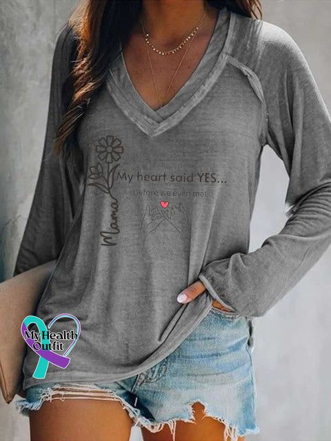 Women’s Mother’s Day My Heart Said YES... Before We Even Met V Neck Long Sleeve Tops Grey / S