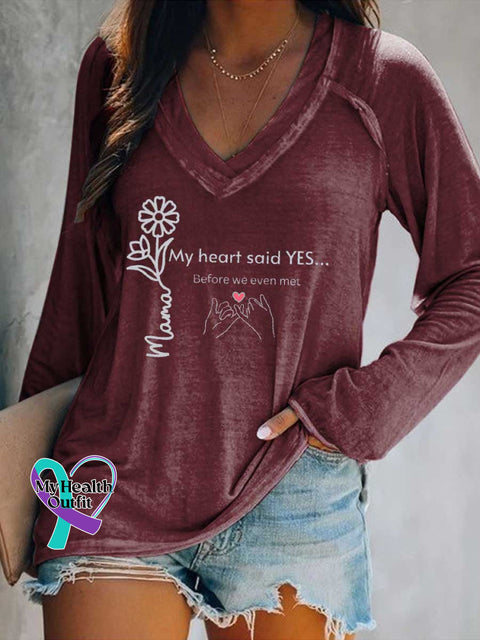 Women’s Mother’s Day My Heart Said YES... Before We Even Met V Neck Long Sleeve Tops Red / S