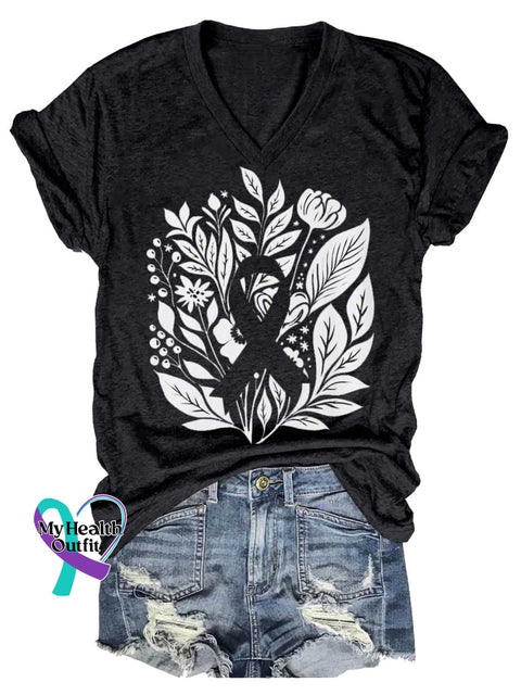 Women’s Ms Awareness Cancer Awareness Ribbon V-neck Casual T-Shirt Black / S