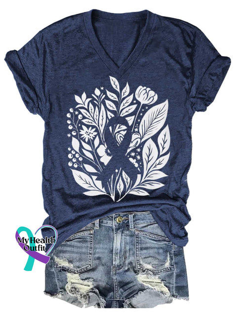 Women’s Ms Awareness Cancer Awareness Ribbon V-neck Casual T-Shirt Blue / S