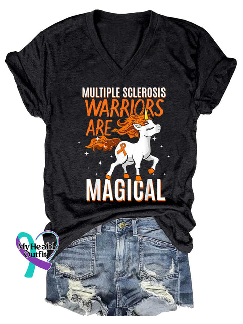 Women’s Ms Awareness Multiple Sclerosis Warrior Multiple Sclerosis Orange Ribbon V-neck Casual T-Shirt Black / S