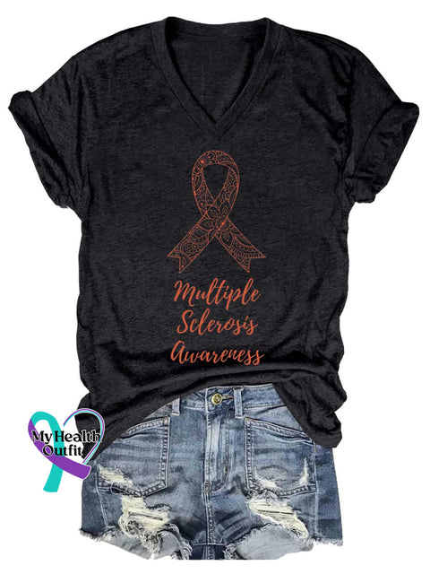 Women’s Ms Awareness Multiple Sclerosis Warrior Multiple Sclerosis Orange Ribbon V-neck Casual T-Shirt Black / S