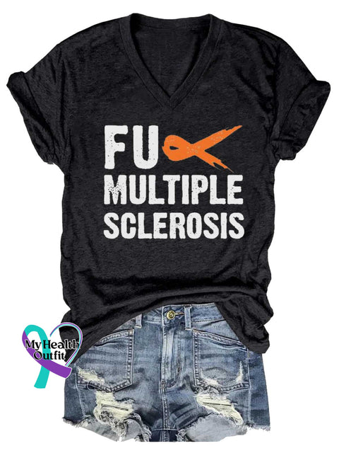 Women’s Ms Awareness Multiple Sclerosis Warrior Multiple Sclerosis Orange Ribbon V-neck Casual T-Shirt Black / S