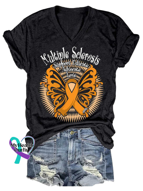 Women’s Ms Awareness Multiple Sclerosis Warrior Multiple Sclerosis Orange Ribbon V-neck Casual T-Shirt Black / S