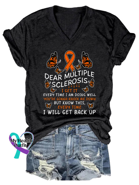 Women’s Ms Awareness Multiple Sclerosis Warrior Multiple Sclerosis Orange Ribbon V-neck Casual T-Shirt Black / S