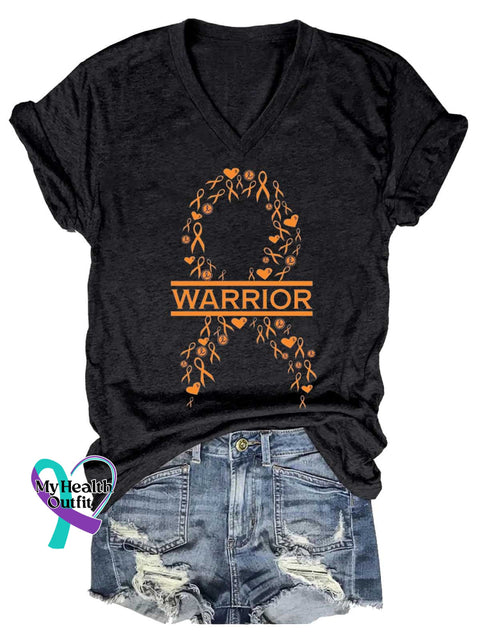 Women’s Ms Awareness Multiple Sclerosis Warrior Multiple Sclerosis Orange Ribbon V-neck Casual T-Shirt Black / S