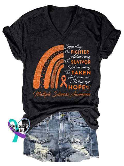 Women’s Ms Awareness Multiple Sclerosis Warrior Multiple Sclerosis Orange Ribbon V-neck Casual T-Shirt Black / S