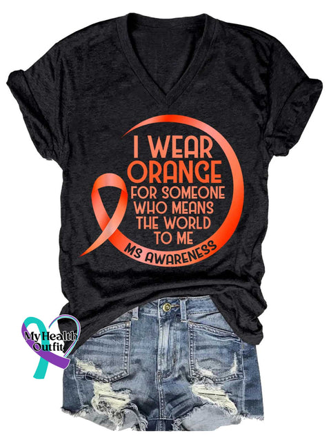 Women’s Ms Awareness Multiple Sclerosis Warrior Multiple Sclerosis Orange Ribbon V-neck Casual T-Shirt Black / S
