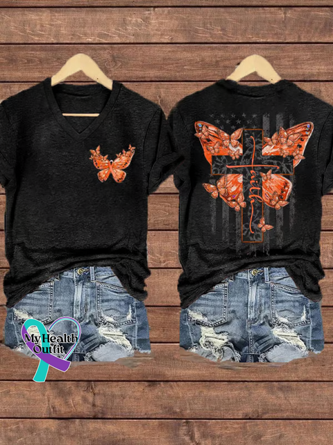 Women’s Ms Awareness Multiple Sclerosis Warrior Multiple Sclerosis Orange Ribbon V-neck Casual T-Shirt Black / S