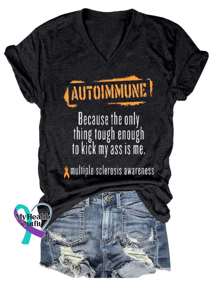 Women’s Ms Awareness Multiple Sclerosis Warrior Multiple Sclerosis Orange Ribbon V-neck Casual T-Shirt Black / S