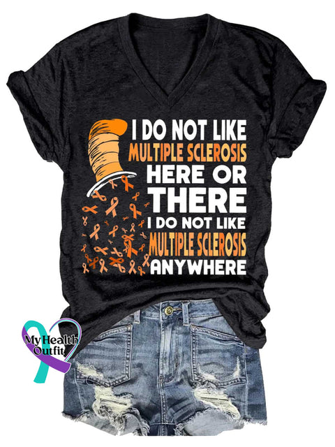 Women’s Ms Awareness Multiple Sclerosis Warrior Multiple Sclerosis Orange Ribbon V-neck Casual T-Shirt Black / S
