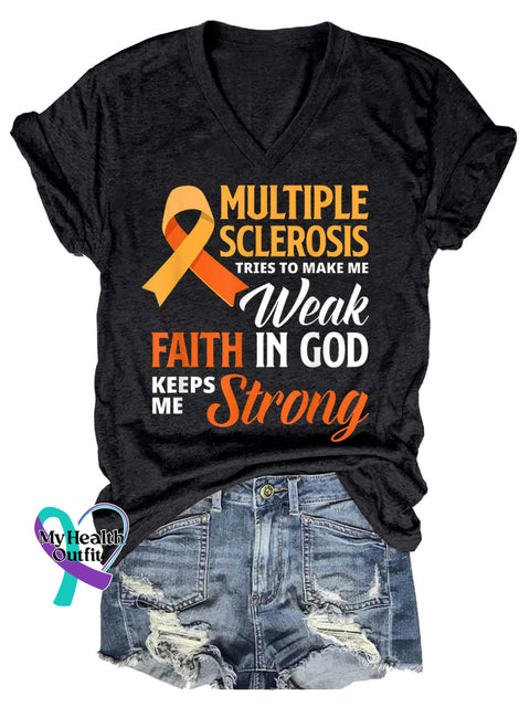 Women’s Ms Awareness Multiple Sclerosis Warrior Multiple Sclerosis Orange Ribbon V-neck Casual T-Shirt Black / S