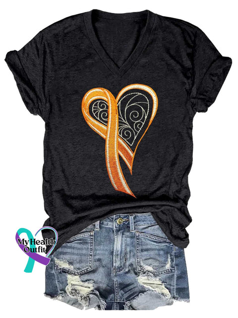 Women’s Ms Awareness Multiple Sclerosis Warrior Multiple Sclerosis Orange Ribbon V-neck Casual T-Shirt Black / S