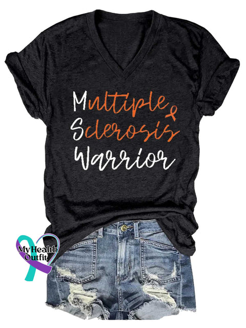 Women’s Ms Awareness Multiple Sclerosis Warrior Multiple Sclerosis Orange Ribbon V-neck Casual T-Shirt Black / S