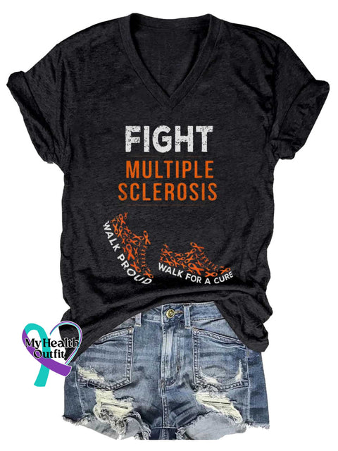 Women’s Ms Awareness Multiple Sclerosis Warrior Multiple Sclerosis Orange Ribbon V-neck Casual T-Shirt Black / S