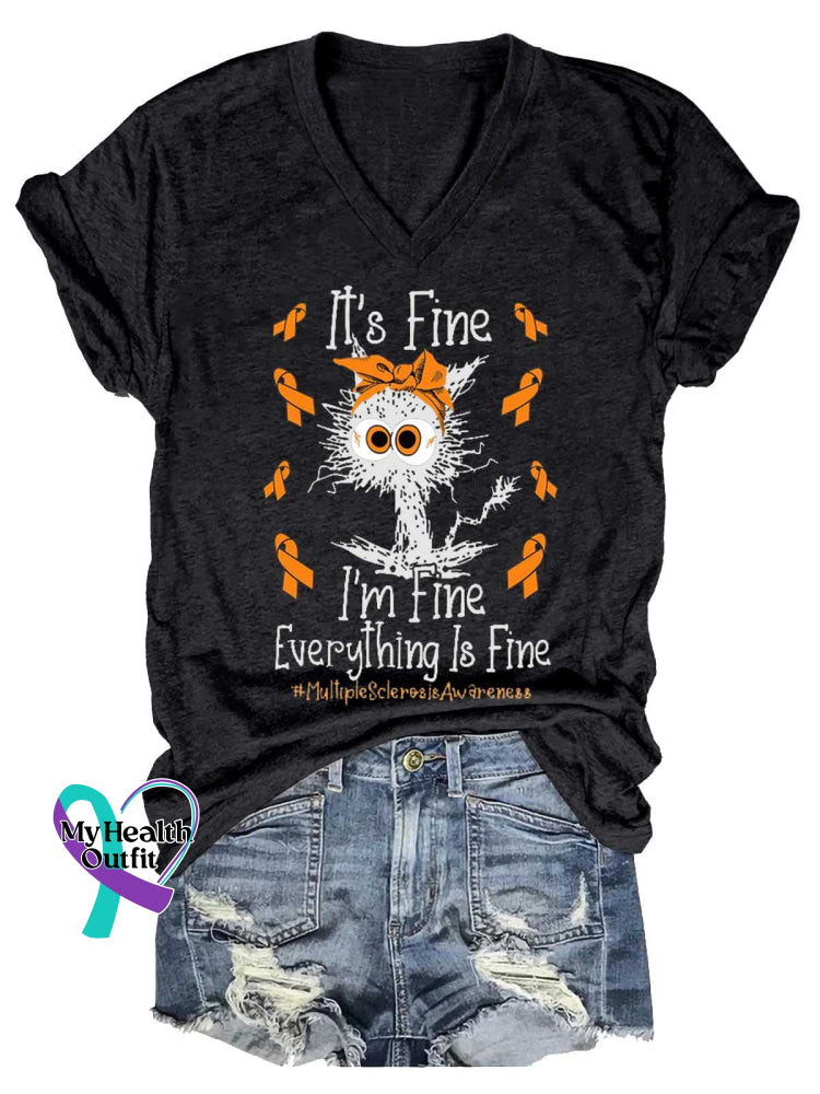 Women’s Ms Awareness Multiple Sclerosis Warrior Multiple Sclerosis Orange Ribbon V-neck Casual T-Shirt Black / S