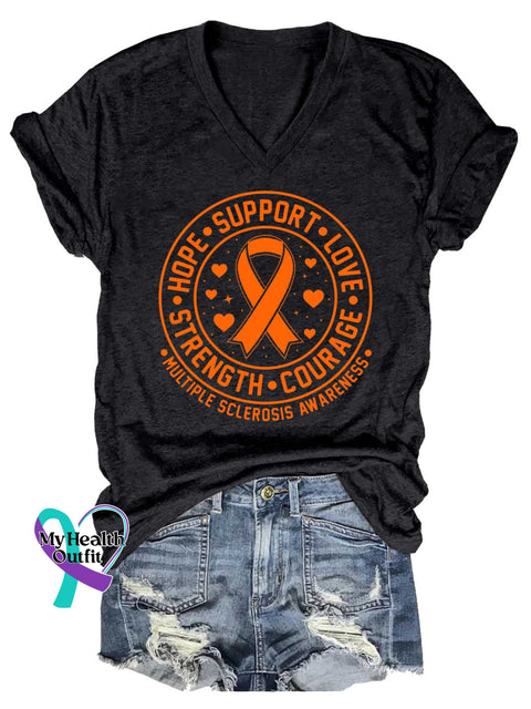 Women’s Ms Awareness Multiple Sclerosis Warrior Multiple Sclerosis Orange Ribbon V-neck Casual T-Shirt Black / S