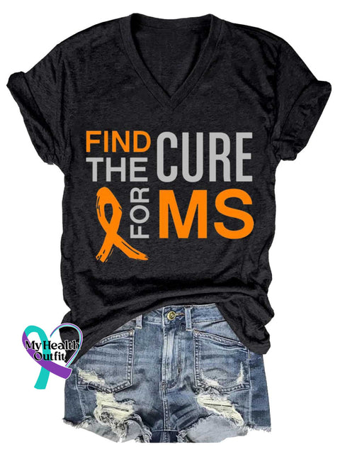 Women’s Ms Awareness Multiple Sclerosis Warrior Multiple Sclerosis Orange Ribbon V-neck Casual T-Shirt Black / S