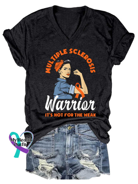Women’s Ms Awareness Multiple Sclerosis Warrior Multiple Sclerosis Orange Ribbon V-neck Casual T-Shirt Black / S