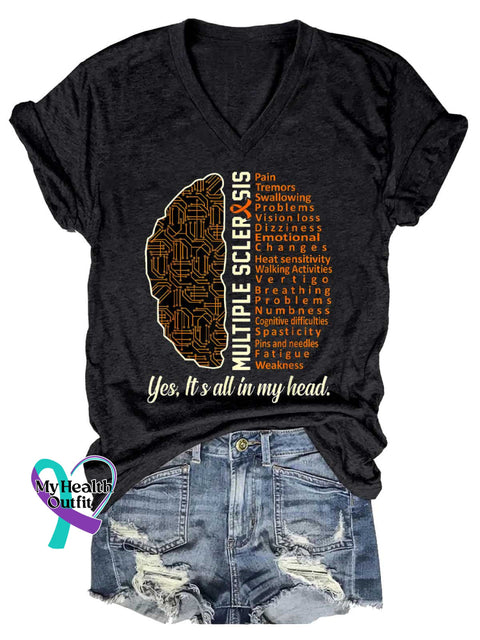 Women’s Ms Awareness Multiple Sclerosis Warrior Multiple Sclerosis Orange Ribbon V-neck Casual T-Shirt Black / S