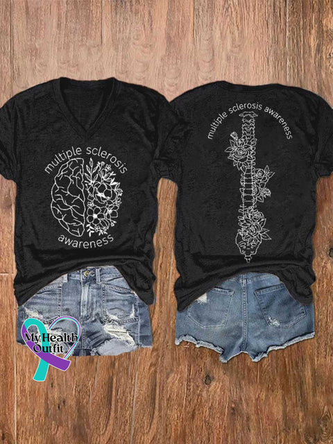 Women’s Ms Awareness Multiple Sclerosis Warrior Multiple Sclerosis Orange Ribbon V-neck Casual T-Shirt Black / S