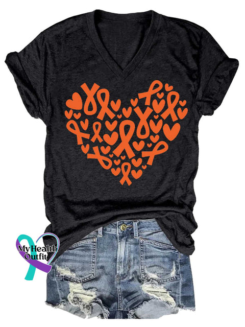Women’s Ms Awareness Multiple Sclerosis Warrior Multiple Sclerosis Orange Ribbon V-neck Casual T-Shirt Black / S