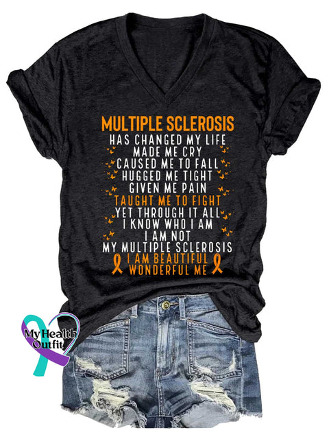 Women’s Ms Awareness Multiple Sclerosis Warrior Multiple Sclerosis Orange Ribbon V-neck Casual T-Shirt Black / S