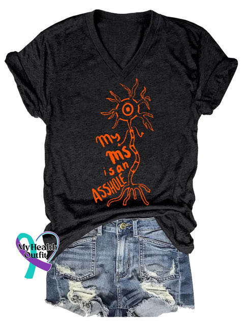 Women’s Ms Awareness Multiple Sclerosis Warrior Multiple Sclerosis Orange Ribbon V-neck Casual T-Shirt Black / S