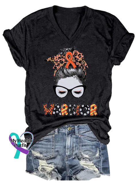 Women’s Ms Awareness Multiple Sclerosis Warrior Multiple Sclerosis Orange Ribbon V-neck Casual T-Shirt Black / S