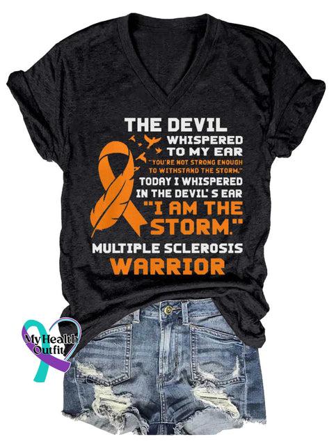 Women’s Ms Awareness Multiple Sclerosis Warrior Multiple Sclerosis Orange Ribbon V-neck Casual T-Shirt Black / S