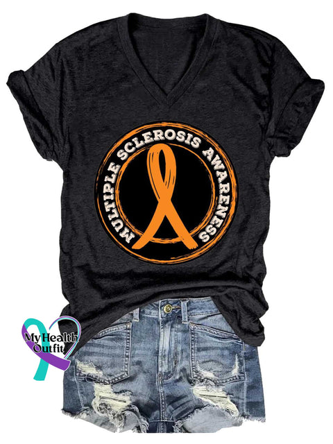 Women’s Ms Awareness Multiple Sclerosis Warrior Multiple Sclerosis Orange Ribbon V-neck Casual T-Shirt Black / S