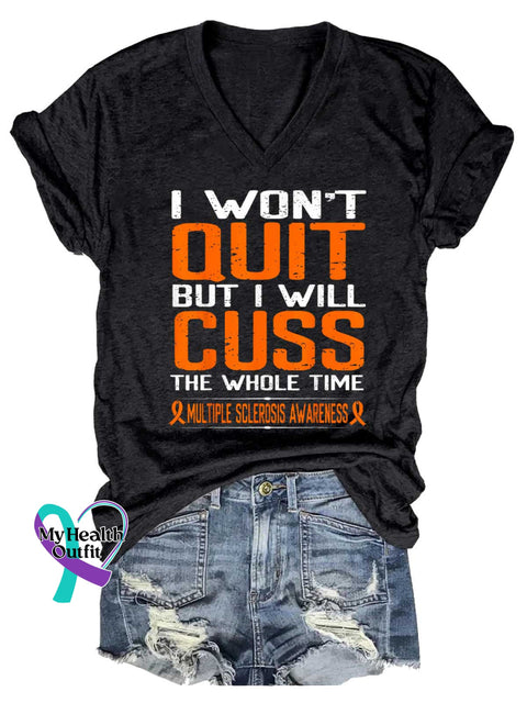 Women’s Ms Awareness Multiple Sclerosis Warrior Multiple Sclerosis Orange Ribbon V-neck Casual T-Shirt Black / S