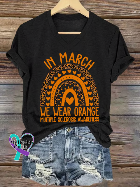 Women’s Ms Awareness Multiple Sclerosis Warrior Multiple Sclerosis Orange Ribbon V-neck Casual T-Shirt Black / S