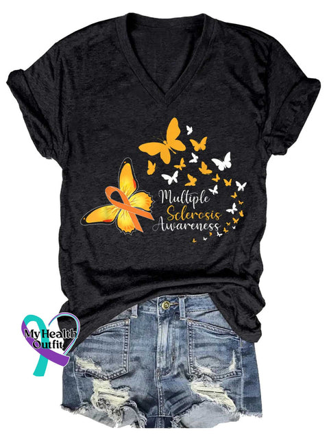 Women’s Ms Awareness Multiple Sclerosis Warrior Multiple Sclerosis Orange Ribbon V-neck Casual T-Shirt Black / S