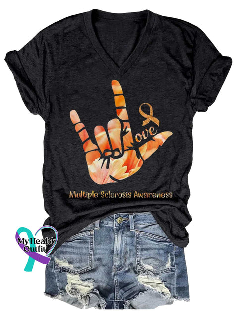 Women’s Ms Awareness Multiple Sclerosis Warrior Multiple Sclerosis Orange Ribbon V-neck Casual T-Shirt Black / S