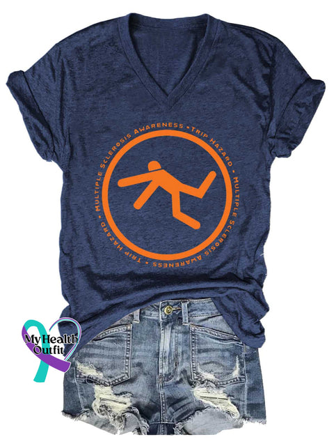 Women’s Ms Awareness Multiple Sclerosis Warrior Multiple Sclerosis Orange Ribbon V-neck Casual T-Shirt Blue / S