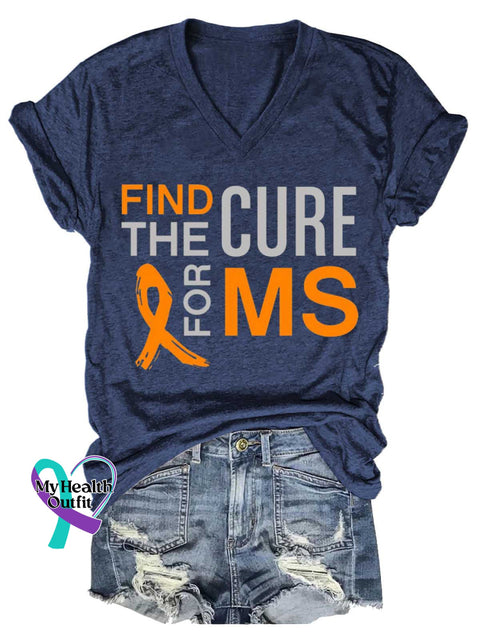 Women’s Ms Awareness Multiple Sclerosis Warrior Multiple Sclerosis Orange Ribbon V-neck Casual T-Shirt Blue / S