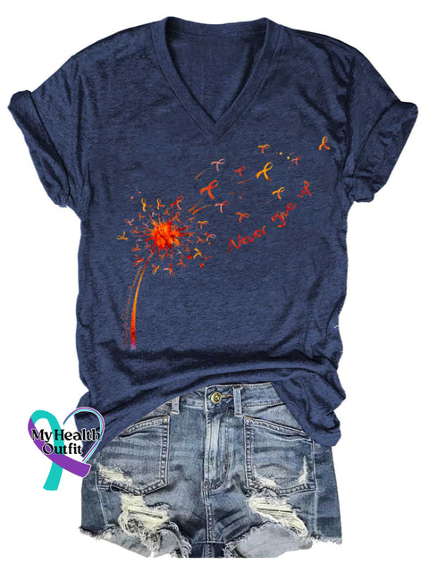 Women’s Ms Awareness Multiple Sclerosis Warrior Multiple Sclerosis Orange Ribbon V-neck Casual T-Shirt Blue / S