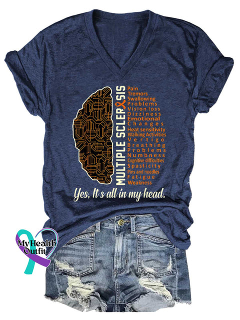 Women’s Ms Awareness Multiple Sclerosis Warrior Multiple Sclerosis Orange Ribbon V-neck Casual T-Shirt Blue / S